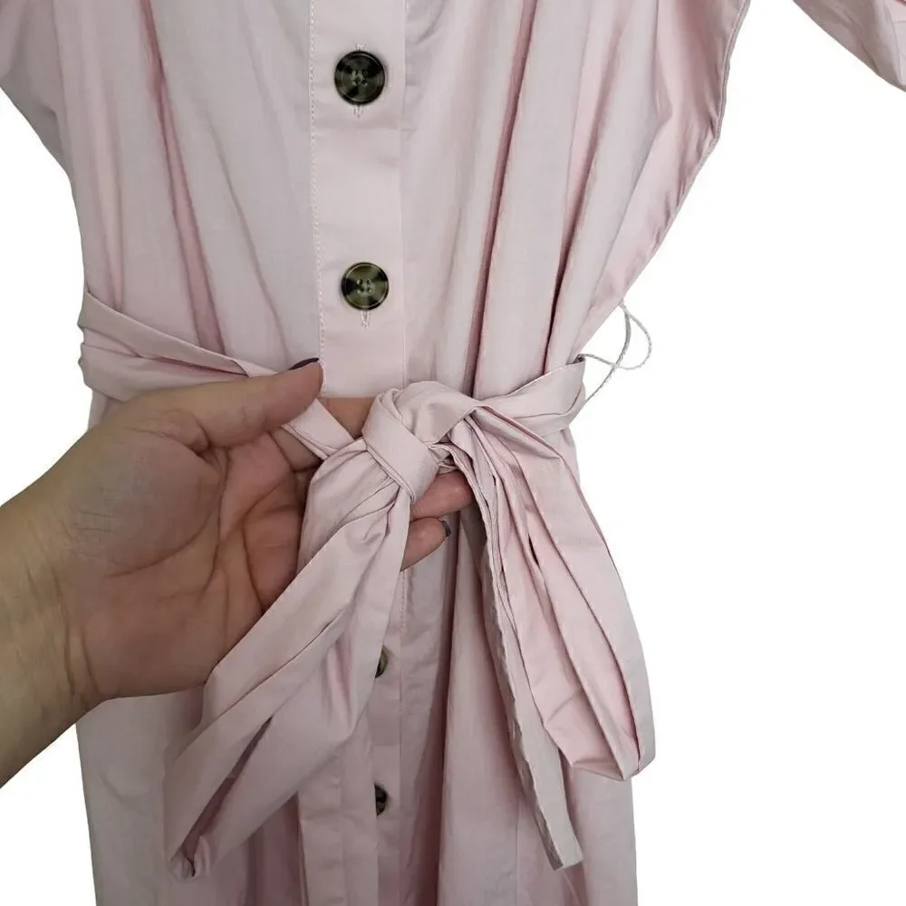 J.Crew Cottage Pink Puff Sleeves Midi Button Up Belted Dress Size XS